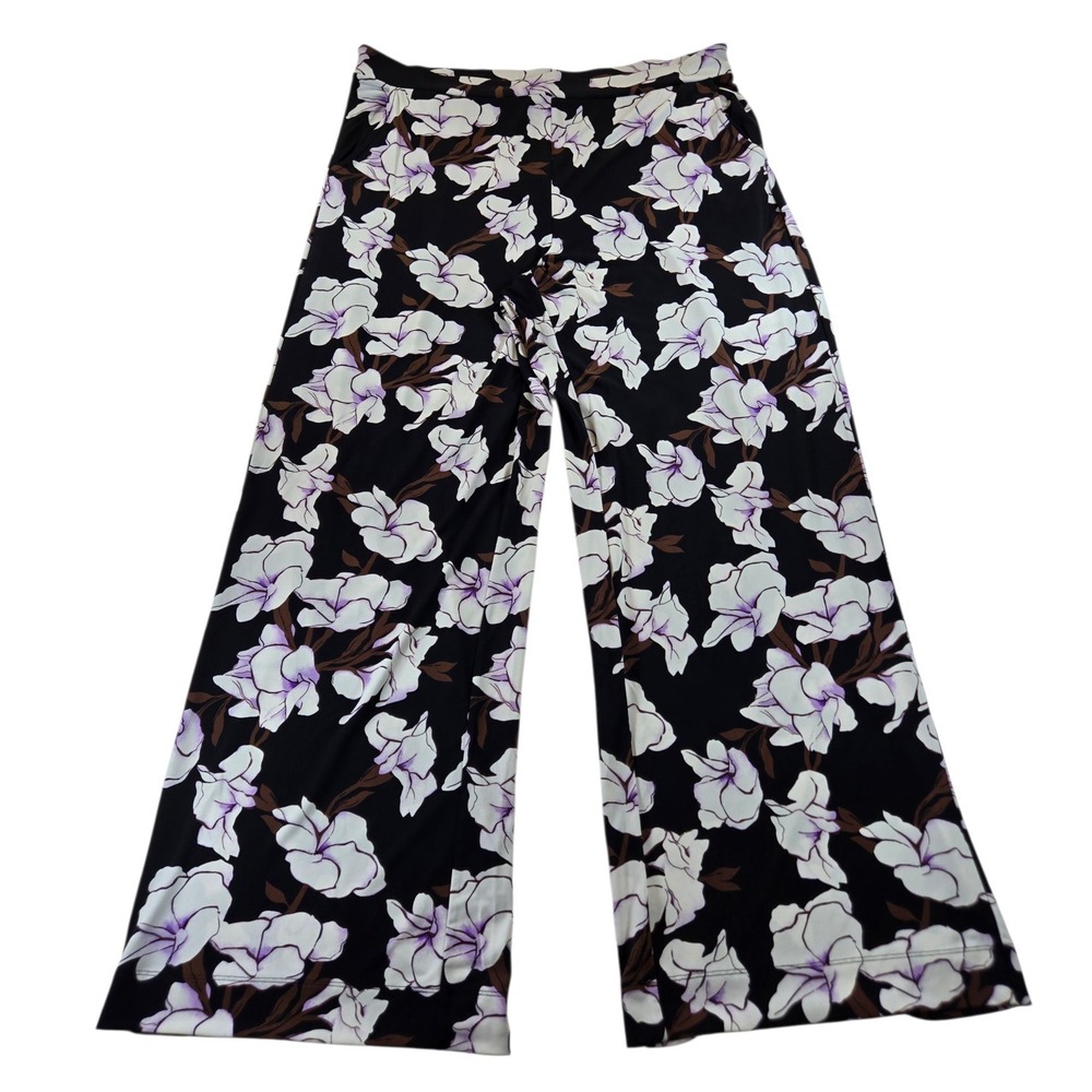 WHBM Womens Large Black Floral Wide Leg Stretch Rayon Pull On Pants